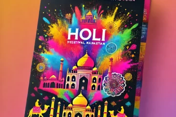 Colorful Holi festival poster showcasing Rajasthan's vibrant culture and magic.