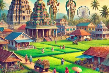 A vibrant Indian village with temples and lush greenery under a bright sky.